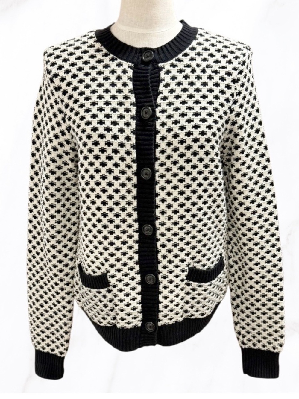 Women’s Chaps Sweater Cardigan Button-Front Houndstooth Navy & Cream Medium M